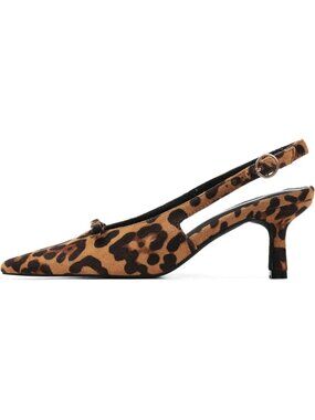 Women's Leopard Print Slingback Kitten Heels Bow Ankle Strap Pointed Toe Shoes